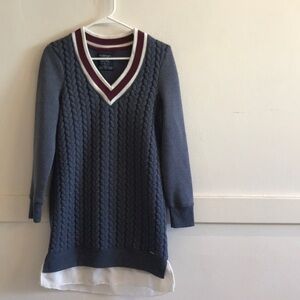 Zara Blue Cable Knit V-Neck Sweater with Maroon and White Trim